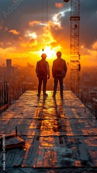 Obraz Talking about working in the business sector of architecture, a professional engineer and construction foreman wearing a safety hard hat and helmet jointly