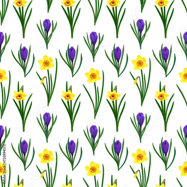 Fototapeta Seamless floral pattern with daffodils, crocuses.