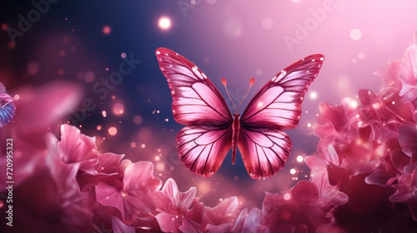 Fototapeta Blossoming sakura flowers and flying butterfly against beautiful background macro in wildlife, soft focus. Elegant artistic image nature scene beauty of environment. Generative AI