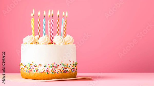 Obraz birthday cake with pink pastel background and copy space 