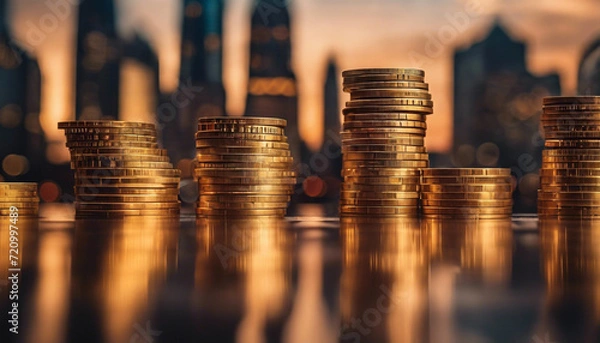 Fototapeta An image of a cinematic cityscape where skyscrapers are transformed into giant stacks of coins, creating a surreal skyline that symbolizes the interconnectedness of finance and urban life.