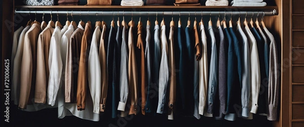 Fototapeta The simplicity of a well-organized wardrobe with a curated selection of clothing neatly hung or folded, creating a sense of order and ease.