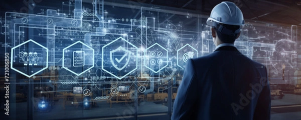 Fototapeta Workplace safety technology for zero accidents concept. Workplace safety technology in production process with safety culture and training, safety technology, protections, health care, regulations.