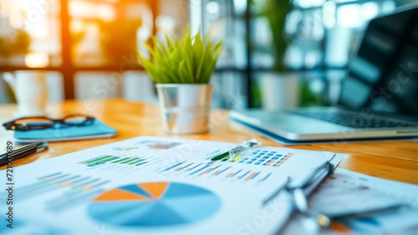 Obraz Morning business plan for success, pie graph and pot plant on the table 