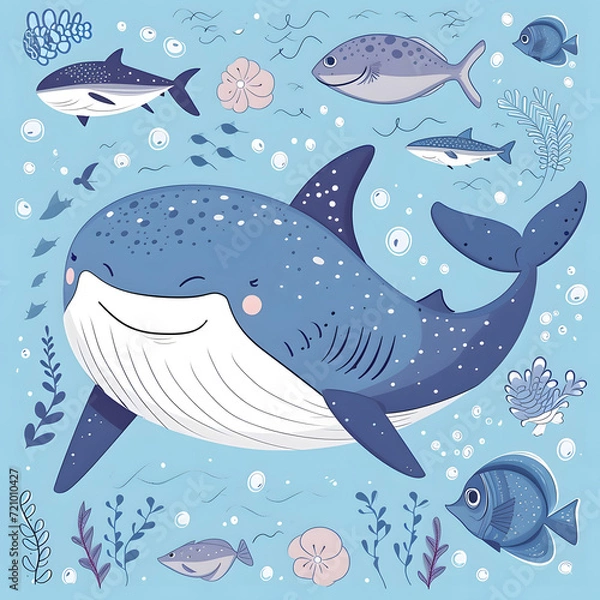Fototapeta Cute cartoon whale and shark seamless pattern background.