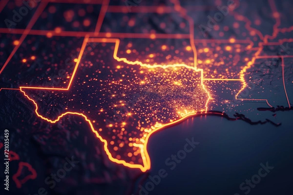 Fototapeta US Texas state highlighted on the abstract 3d map of USA. In style of night aerospace photography