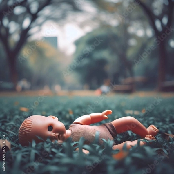 Obraz Abandoned doll on grass