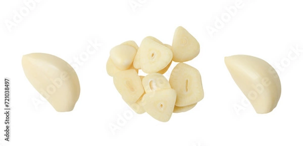 Fototapeta Top view set of garlic clove and slices or pieces isolated on white background with clipping path