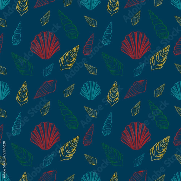 Fototapeta Seamless pattern with multi-colored shells on a blue background.
