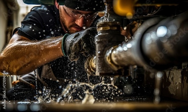 Fototapeta Stationary water engineer at work. plumber carefully fixes a leak from tubes using a wrench.