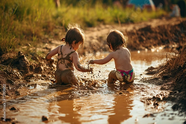 Fototapeta Toddlers in swimsuits are playing in a muddy pool or a shallow mud pit, splashing and throwing mud at each other