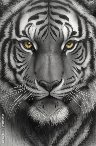Fototapeta A majestic white Bengal tiger, its fierce gaze captured in a striking portrait, embodies the essence of a powerful and dangerous wildcat in its natural habitat, showcasing the beauty of nature's 