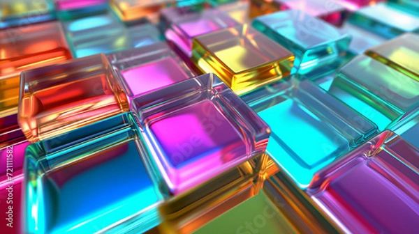 Fototapeta 正方形のガラスの3Dモデル。背景画像_カラフル色とりどり
3D model of glass squares. Chromatic sculpture. Colorful based wallpaper background [Generative AI]