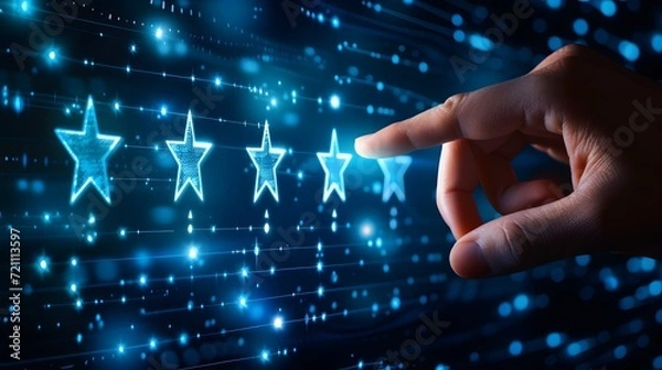 Obraz Hand pointing to a five-star digital rating on a virtual interface.