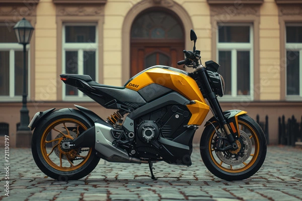 Fototapeta lack and yellow motorcycle with battery charger is parked outside