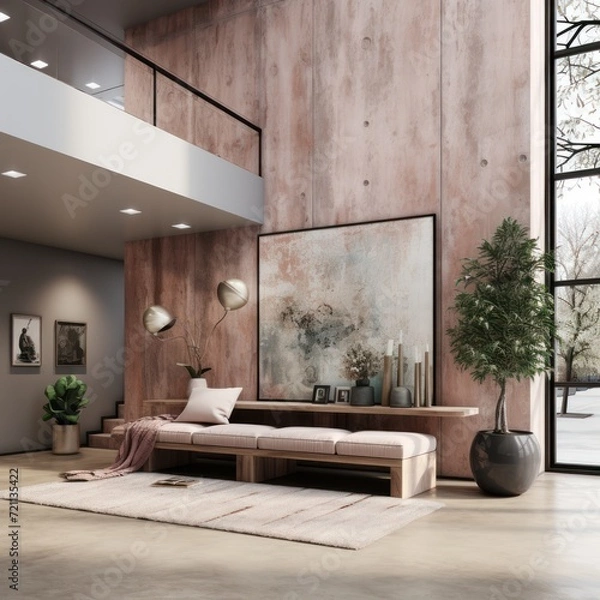 Fototapeta wooden wall and floor with large windows, minimalist nature studies, architectural illustrator