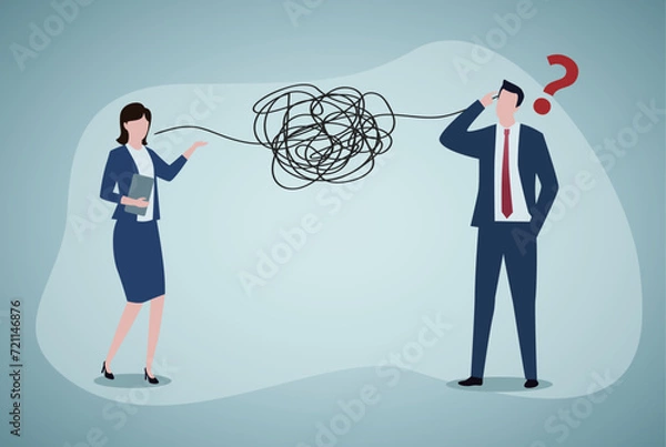 Fototapeta Bad communication, misunderstanding create confusion in work, miscommunicate unclear message and information concept, businessman talking through messy chaos, make other confused.