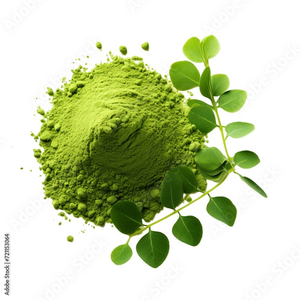 Fototapeta freshly ground moringa powder isolated on a white or transparent background, PNG, Pile of Moringa powder with leaves. top view