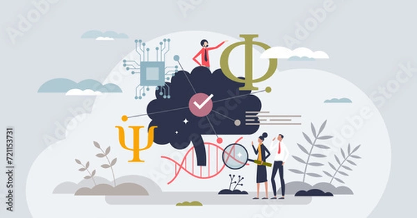 Fototapeta Cognitive science as study about thinking mind process tiny person concept. Linguistics, psychology, neuroscience, artificial intelligence and anthropology knowledge research vector illustration.