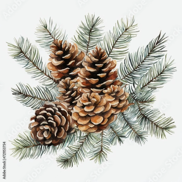 Fototapeta a bouquet of fir trees and cones, winter decoration. watercolor illustration. artificial intelligence generator, AI, neural network image. background for the design.
