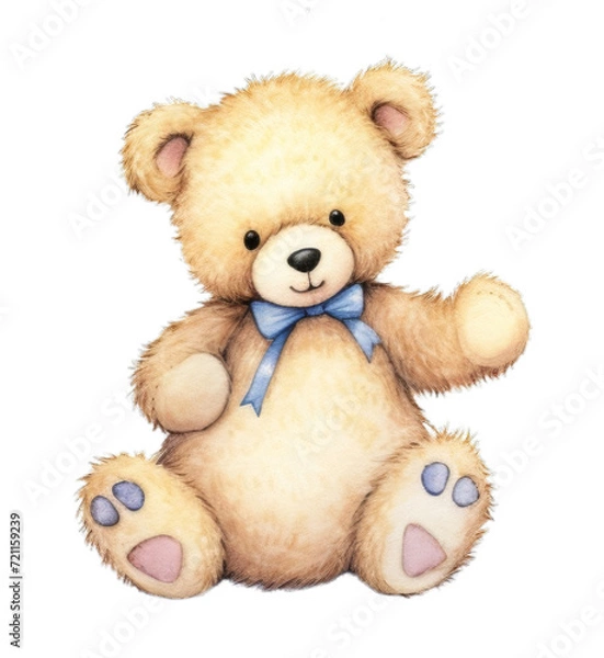 Fototapeta Watercolor teddy bear with a blue bow tie on a transparent background.