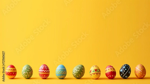 Fototapeta A row of colouful painted Easter eggs against  ayellow background. Easter / spring theme with copy space for text
