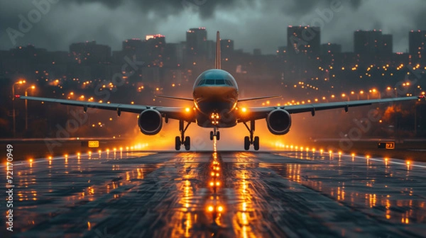 Obraz front view of a beautiful airplane taking off at dusk against the background of the city and the runway