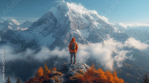 Obraz a man with a backpack stands on top of a mountain at the level of the clouds and looks mesmerized at an even larger and more beautiful rocky snow-covered mountain with a sharp peak that indicates its 