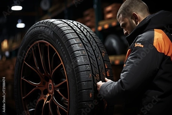 Obraz Professional mechanic changing a flat car tire in a roadside emergency situation.