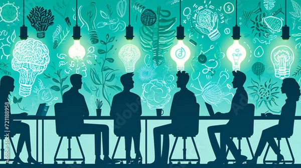 Obraz Business Creativity and Teamwork Concept, Idea Generation and Brainstorming, Light Bulb Illustration