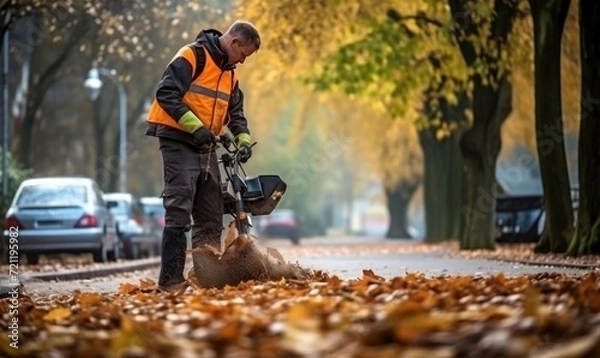 Obraz Man in Orange Vest Operating Leaf Blower