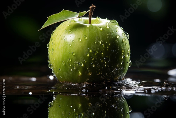 Fototapeta Realistic graphics illustrations with apples background. Red and green apples mix. Apple stay on stolen 3d digital photo.  Realistic apple with leaf. Rain and dew drops on apple set.