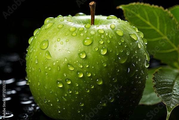 Fototapeta Realistic graphics illustrations with apples background. Red and green apples mix. Apple stay on stolen 3d digital photo.  Realistic apple with leaf. Rain and dew drops on apple set.