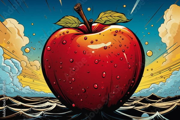 Fototapeta Realistic graphics illustrations with apples background. Red and green apples mix. Apple stay on stolen 3d digital photo.  Realistic apple with leaf. Rain and dew drops on apple set.