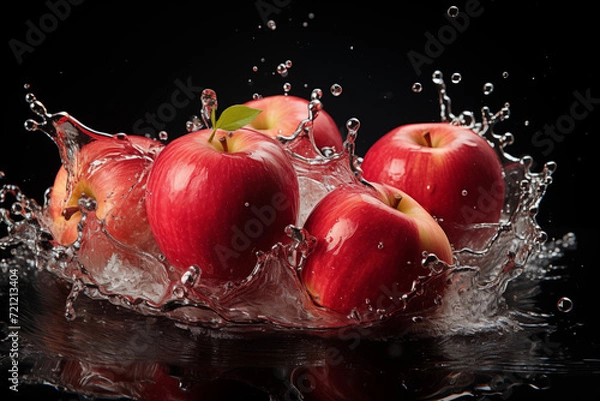 Fototapeta Realistic graphics illustrations with apples background. Red and green apples mix. Apple stay on stolen 3d digital photo.  Realistic apple with leaf. Rain and dew drops on apple set.