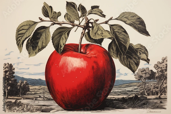 Fototapeta Realistic graphics illustrations with apples background. Red and green apples mix. Apple stay on stolen 3d digital photo.  Realistic apple with leaf. Rain and dew drops on apple set.