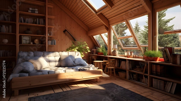 Fototapeta Sunlit cozy attic living room, featuring a comfortable sofa, bookshelves, and a scenic view through large windows.
