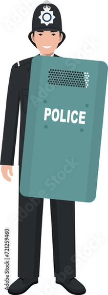 Fototapeta Standing British Policeman Officer with Metal Protective Shield in Traditional Uniform Character Icon in Flat Style. Vector Illustration