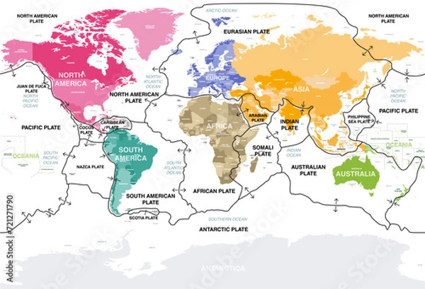 Fototapeta Tectonic plates on Earth's surface. World map with names of countries, continents, oceans, main seas and lakes. Vector illustration