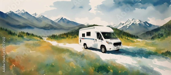 Obraz Mobile home on the road. Summer holiday in the mountains on a camper. Watercolor drawing, generative ai.