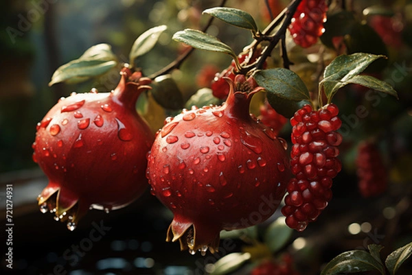 Fototapeta realistic pomegranate paintings. Fresh pomegranates with raindrops on the leaves. Red pomegranate set on a red background. Whole pomegranate and split pomegranate seeds.