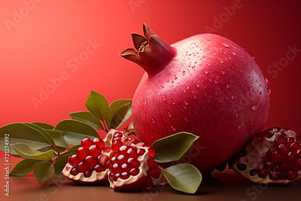 Fototapeta realistic pomegranate paintings. Fresh pomegranates with raindrops on the leaves. Red pomegranate set on a red background. Whole pomegranate and split pomegranate seeds.