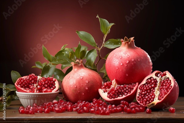 Fototapeta realistic pomegranate paintings. Fresh pomegranates with raindrops on the leaves. Red pomegranate set on a red background. Whole pomegranate and split pomegranate seeds.