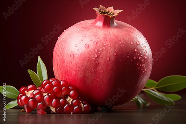 Fototapeta realistic pomegranate paintings. Fresh pomegranates with raindrops on the leaves. Red pomegranate set on a red background. Whole pomegranate and split pomegranate seeds.