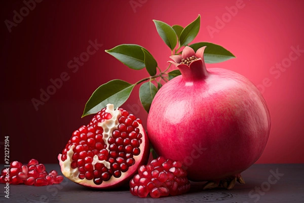 Fototapeta Realistic pomegranate photos. Fresh pomegranates with realistic lighting. Red pomegranates on a red and black background. Whole pomegranate and split pomegranate seeds. 3D pomegranate rendering.