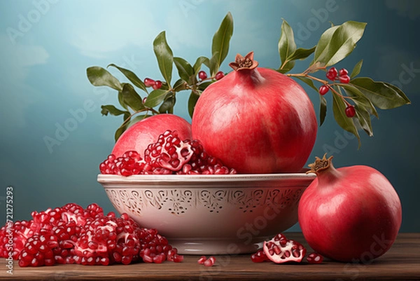 Fototapeta Realistic pomegranate photos. Fresh pomegranates with realistic lighting. Red pomegranates on a red and black background. Whole pomegranate and split pomegranate seeds. 3D pomegranate rendering.