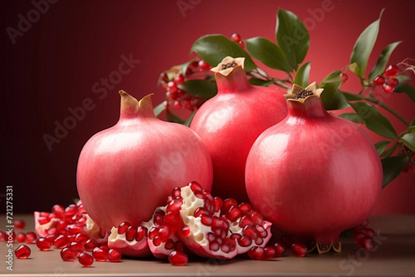 Fototapeta Realistic pomegranate photos. Fresh pomegranates with realistic lighting. Red pomegranates on a red and black background. Whole pomegranate and split pomegranate seeds. 3D pomegranate rendering.