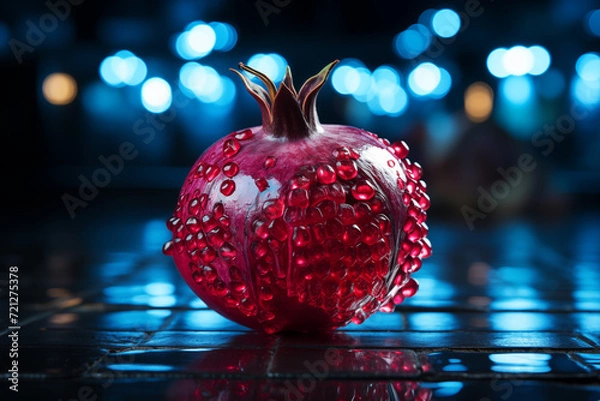 Fototapeta Realistic pomegranate photos. Fresh pomegranates with realistic lighting. Red pomegranates on a red and black background. Whole pomegranate and split pomegranate seeds. 3D pomegranate rendering.