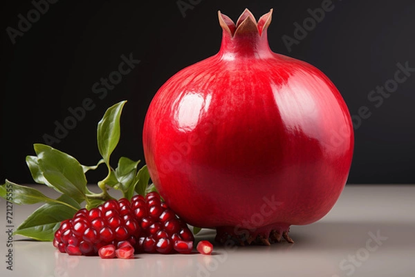 Fototapeta Realistic pomegranate photos. Fresh pomegranates with realistic lighting. Red pomegranates on a red and black background. Whole pomegranate and split pomegranate seeds. 3D pomegranate rendering.