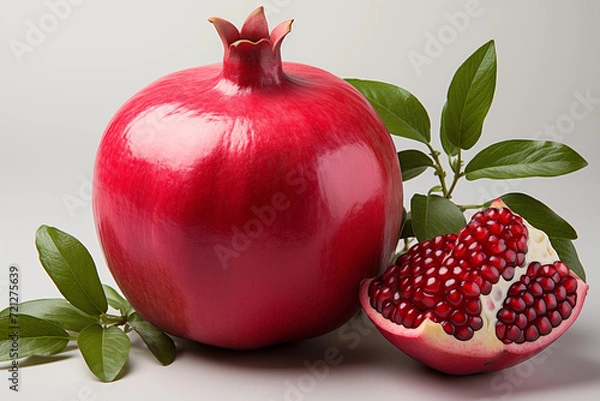 Fototapeta Realistic pomegranate photos. Fresh pomegranates with realistic lighting. Red pomegranates on a red and black background. Whole pomegranate and split pomegranate seeds. 3D pomegranate rendering.